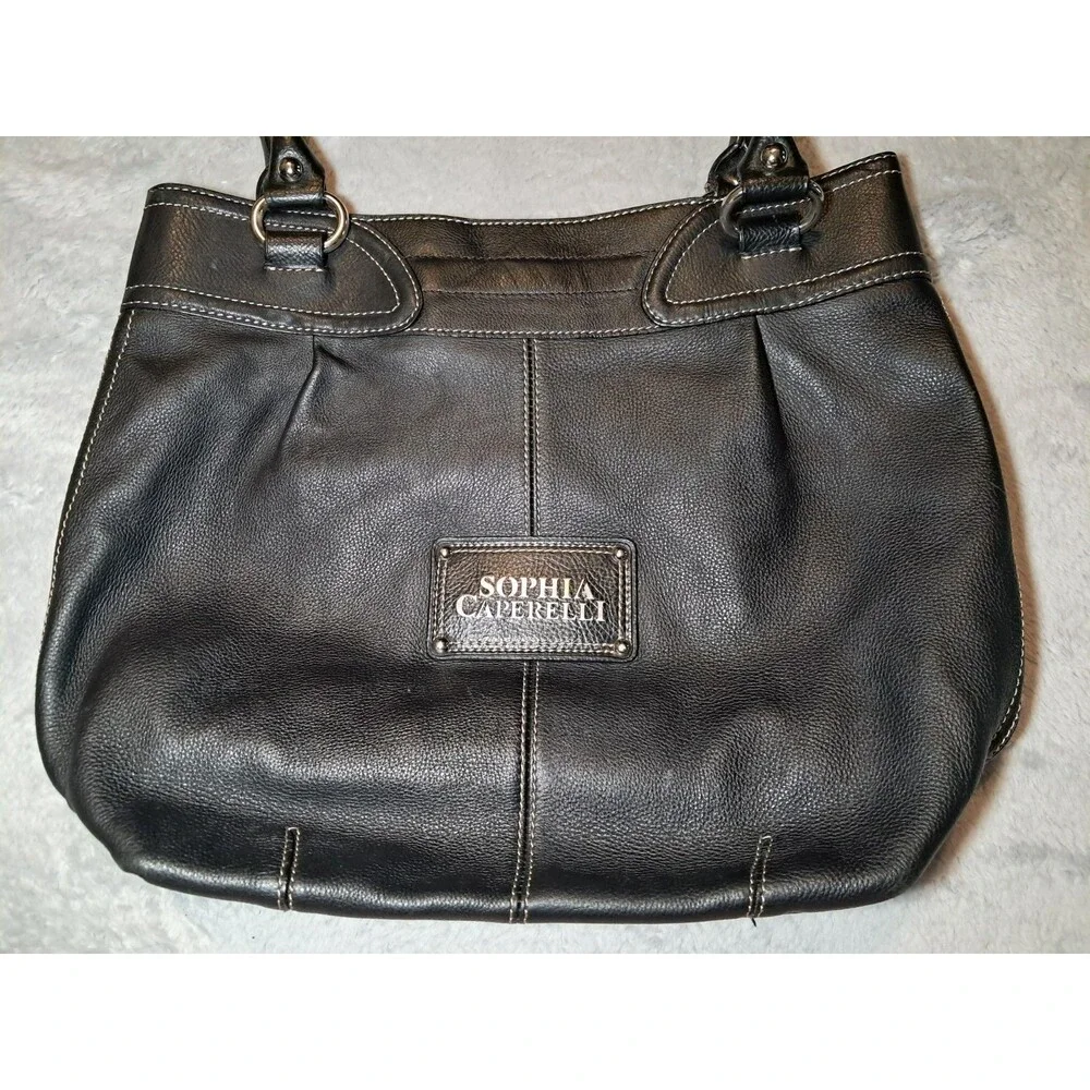 Sophia Caperelli Black Genuine Leather Purse Handbag Tote Stitching Pockets